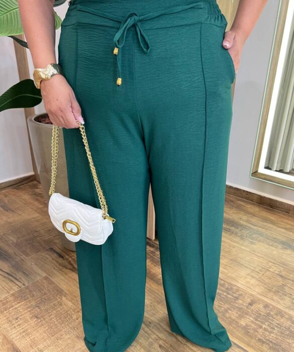 Calça Feminina Pantalona Detalhe Frizo e Amarração Verde - Fernanda Ramos Store
