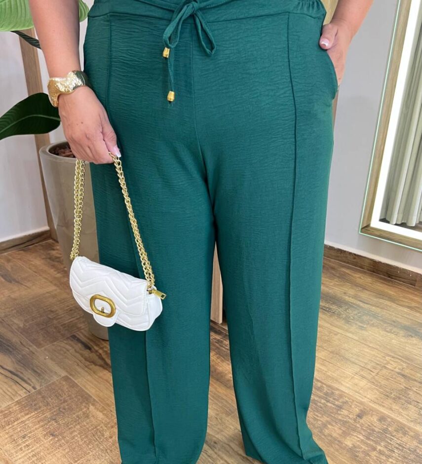 Calça Feminina Pantalona Detalhe Frizo e Amarração Verde - Fernanda Ramos Store