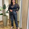 Calça Feminina Plus Couro Eco Detalhe Frizo Preta - Fernanda Ramos Store