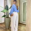 Camisa Feminina Social Alana Manga Longa Detalhe Bordado Azul - Fernanda Ramos Store