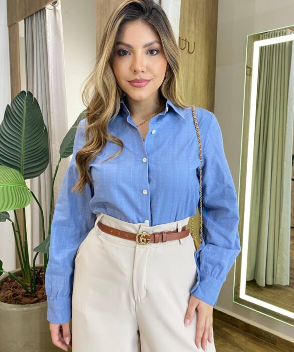 Camisa Feminina Social Alana Manga Longa Detalhe Bordado Azul - Fernanda Ramos Store