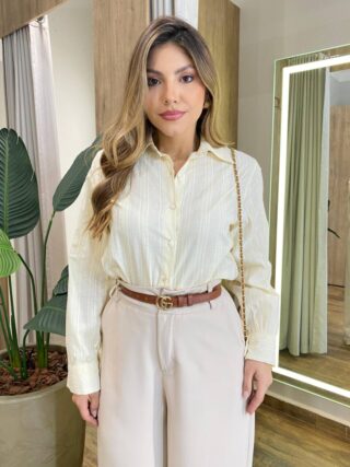 Camisa Feminina Social Alana Manga Longa Detalhe Bordado Marfim - Fernanda Ramos Store