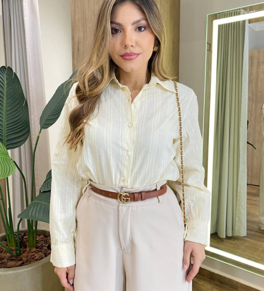 Camisa Feminina Social Alana Manga Longa Detalhe Bordado Marfim - Fernanda Ramos Store