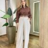 Camisa Feminina Social Alana Manga Longa Detalhe Bordado Marrom - Fernanda Ramos Store