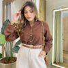 Camisa Feminina Social Alana Manga Longa Detalhe Bordado Marrom - Fernanda Ramos Store