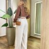 Camisa Feminina Social Alana Manga Longa Detalhe Bordado Marrom - Fernanda Ramos Store
