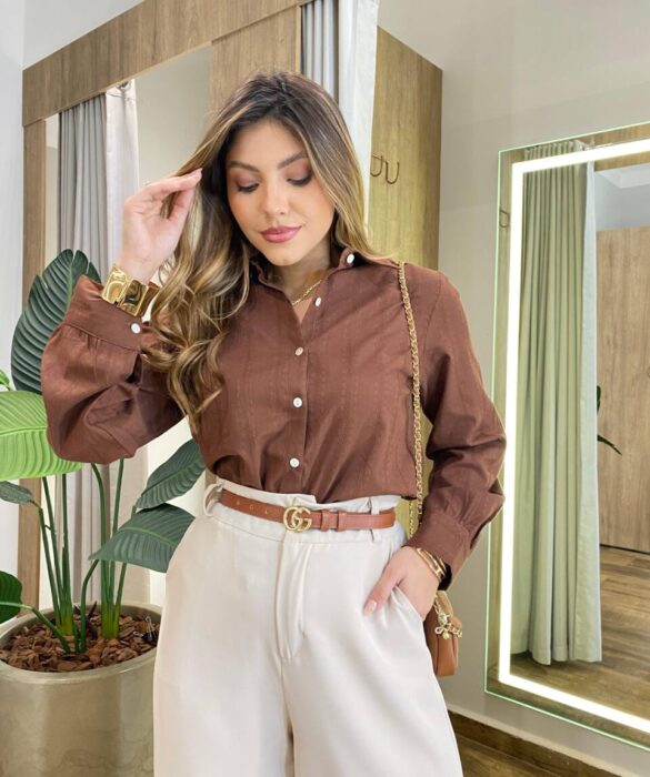 Camisa Feminina Social Alana Manga Longa Detalhe Bordado Marrom - Fernanda Ramos Store