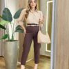 Camisa Feminina Social Amber Manga Longa com Botões Nude AC99133 - Fernanda Ramos Store