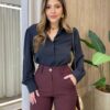 Camisa Feminina Social Amber Manga Longa com Botões Preta AC99133 - Fernanda Ramos Store