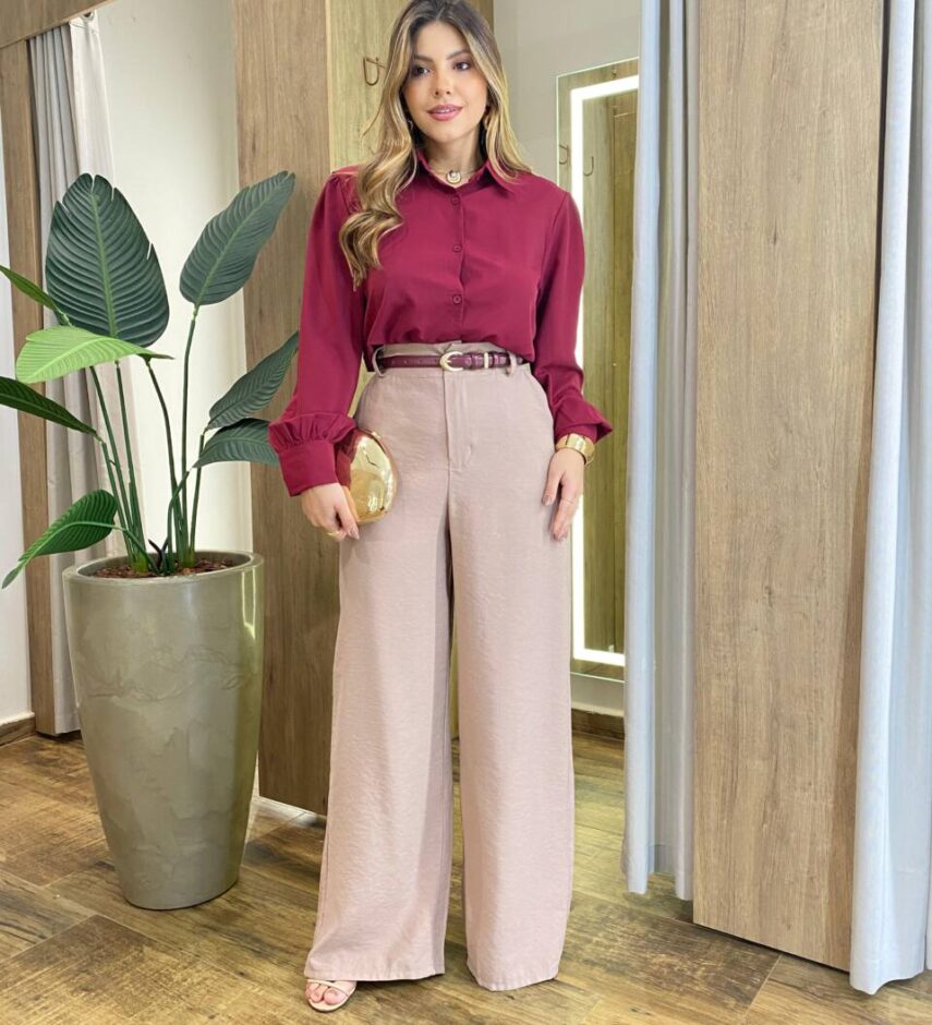 Camisa Feminina Social Amber Manga Longa com Botões Vinho AC99133 - Fernanda Ramos Store