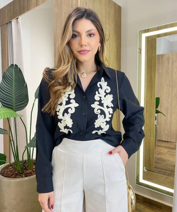 Camisa Feminina Social Aria Manga Longa Bordado Frontal Preta - Fernanda Ramos Store