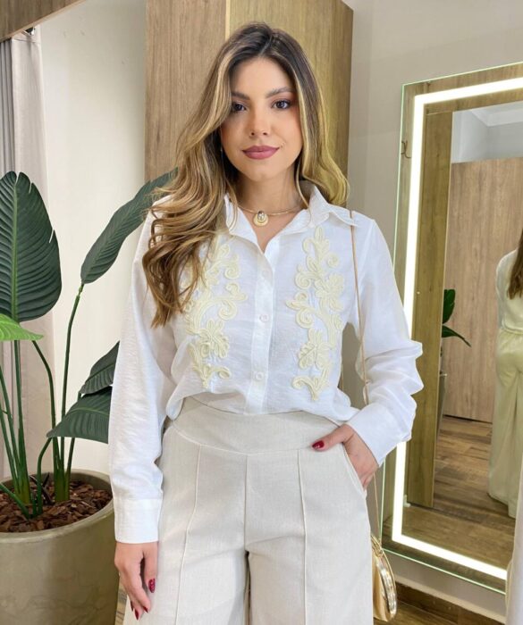 Camisa Feminina Social Aria Manga Longa Bordado Frontal Branca - Fernanda Ramos Store