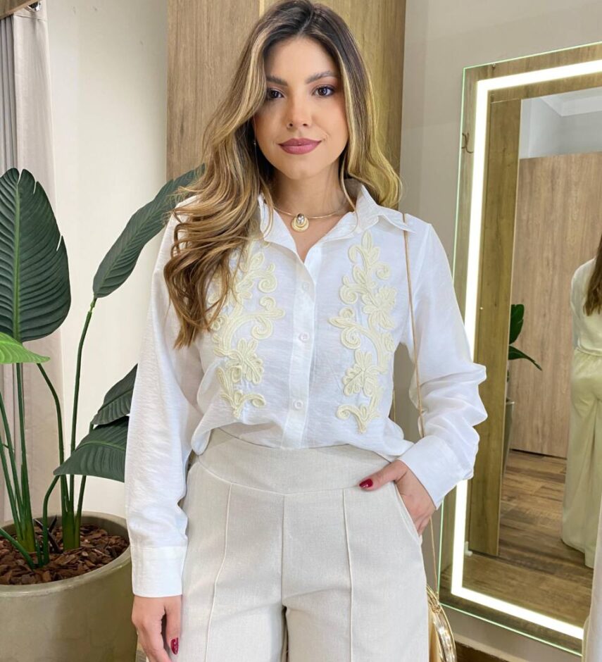 Camisa Feminina Social Aria Manga Longa Bordado Frontal Branca - Fernanda Ramos Store