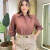 Camisa Feminina Social Ashiley Manga Longa Marrom - Fernanda Ramos Store