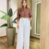 Camisa Feminina Social Elowen Manga Longa Detalhe Bordado Marrom - Fernanda Ramos Store
