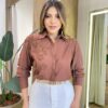 Camisa Feminina Social Elowen Manga Longa Detalhe Bordado Marrom - Fernanda Ramos Store
