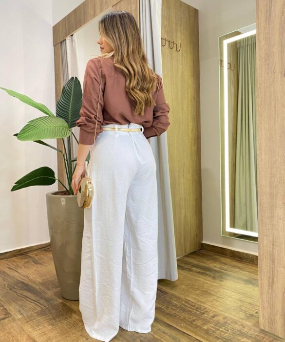 Camisa Feminina Social Elowen Manga Longa Detalhe Bordado Marrom - Fernanda Ramos Store