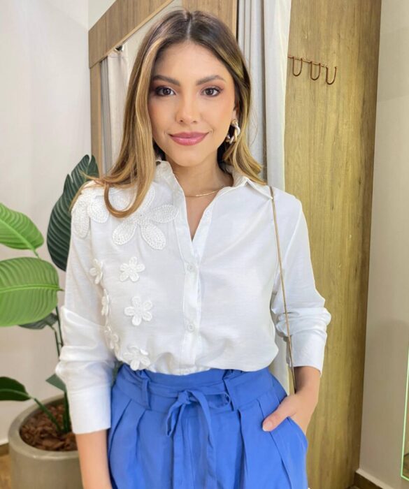 Camisa Feminina Social Elowen Manga Longa Detalhe Bordado Off White - Fernanda Ramos Store