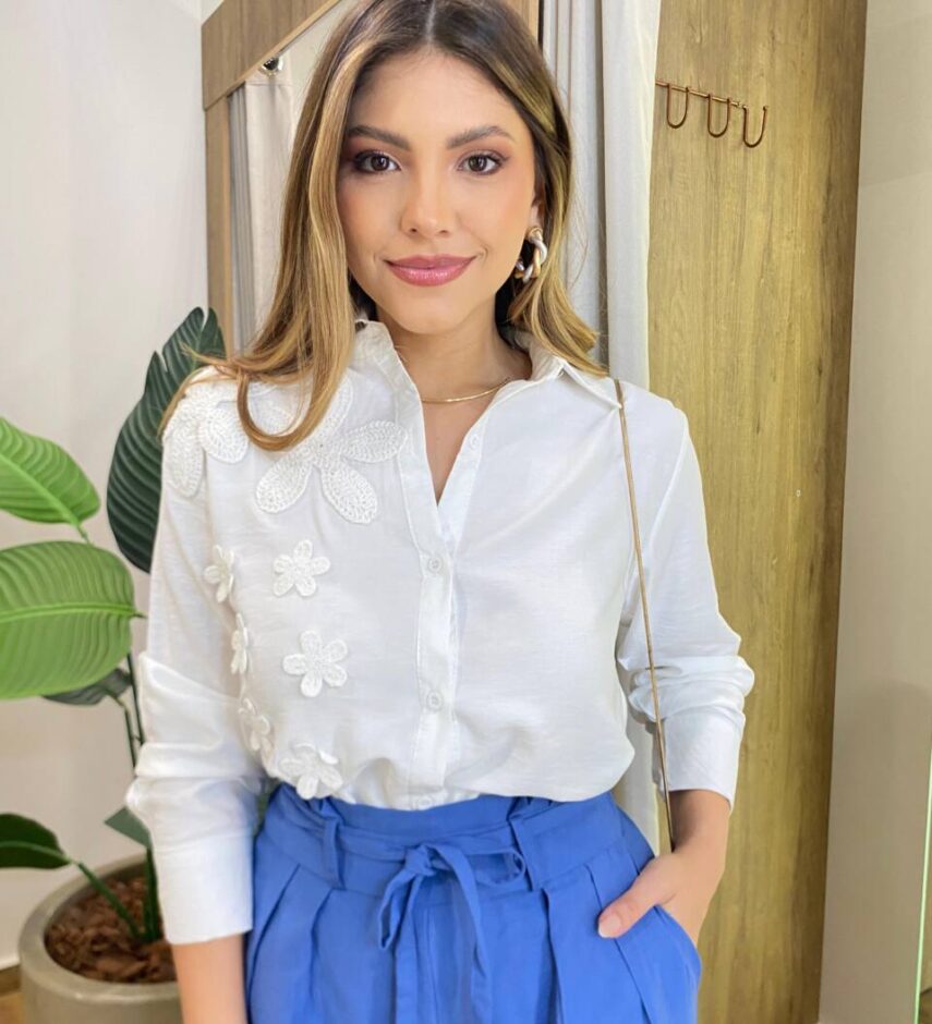 Camisa Feminina Social Elowen Manga Longa Detalhe Bordado Off White - Fernanda Ramos Store