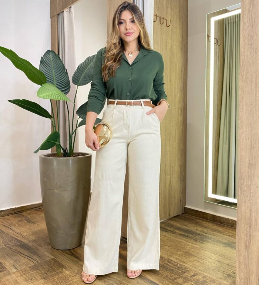 Camisa Feminina Social  Manga Longa Viscose Verde Militar - Fernanda Ramos Store