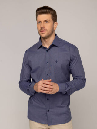 Camisa Masculina Caw Fil a Fil Manga Longa Azul - Fernanda Ramos Store