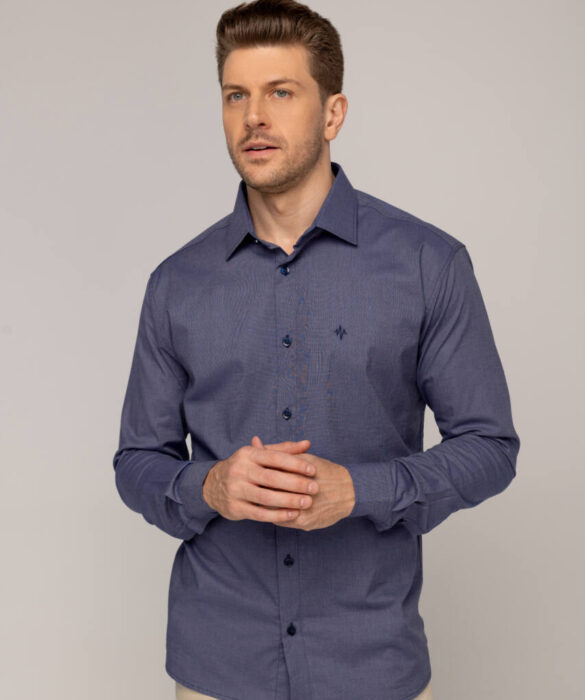 Camisa Masculina Caw Fil a Fil Manga Longa Azul - Fernanda Ramos Store
