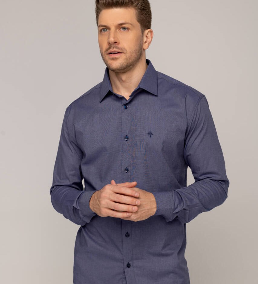 Camisa Masculina Caw Fil a Fil Manga Longa Azul - Fernanda Ramos Store