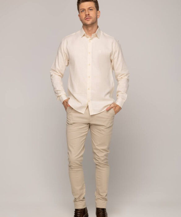 Camisa Masculina Caw Linho Liso Regular Manga Longa Cru - Fernanda Ramos Store
