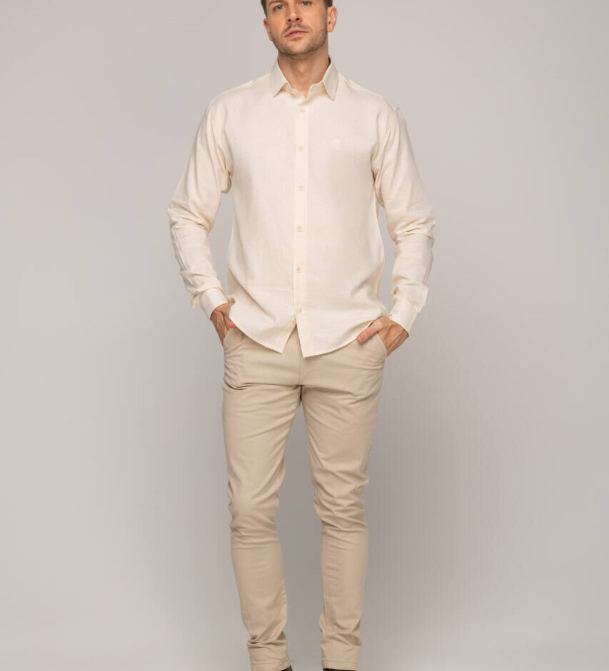 Camisa Masculina Caw Linho Liso Regular Manga Longa Cru - Fernanda Ramos Store