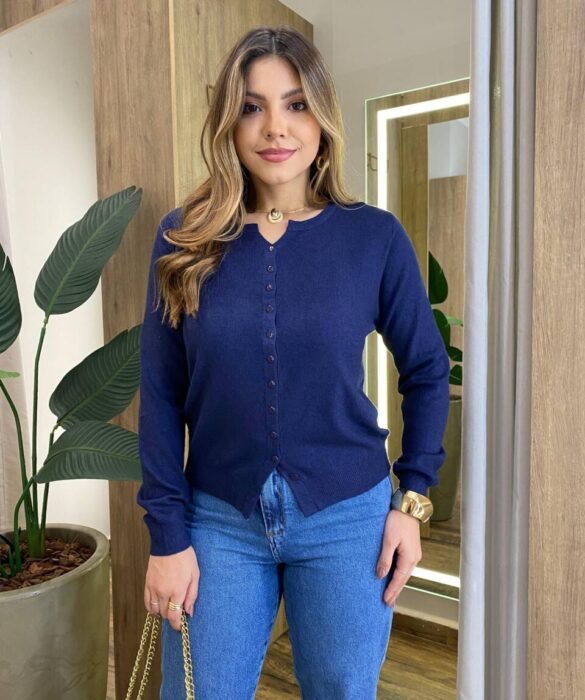 Cardigan Anne Manga Longa Modal com Botões Azul Marinho - Fernanda Ramos Store