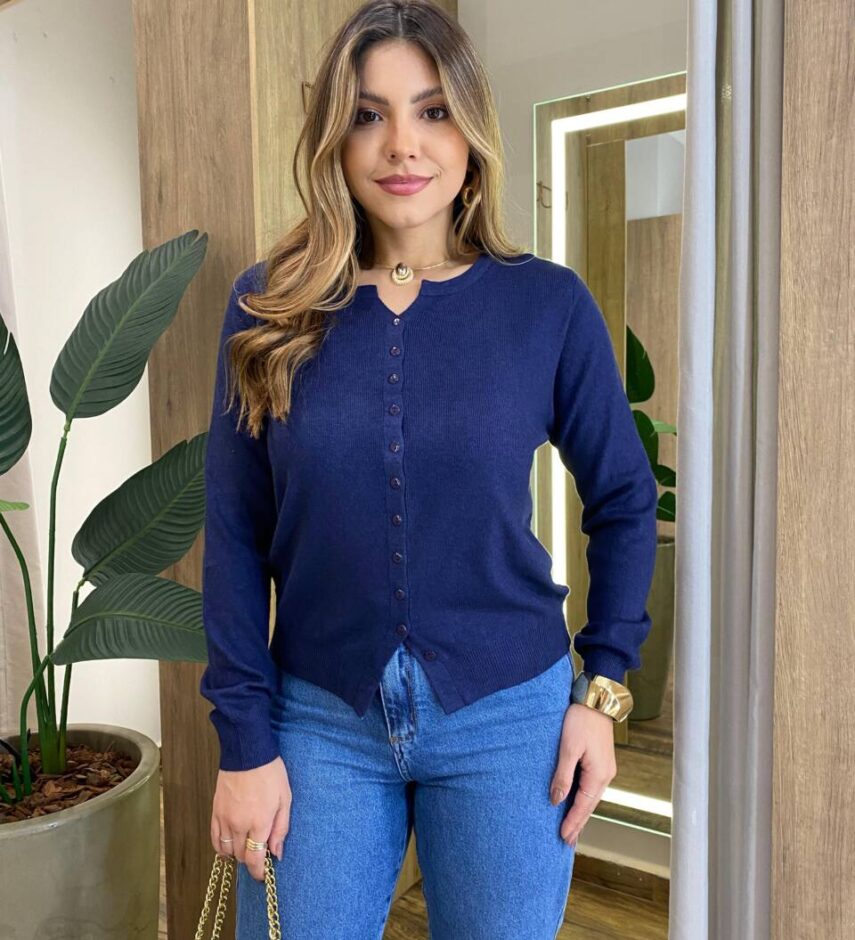 Cardigan Anne Manga Longa Modal com Botões Azul Marinho - Fernanda Ramos Store