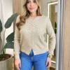 Cardigan Anne Manga Longa Modal com Botões Bege - Fernanda Ramos Store