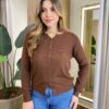 Cardigan Anne Manga Longa Modal com Botões Marrom - Fernanda Ramos Store