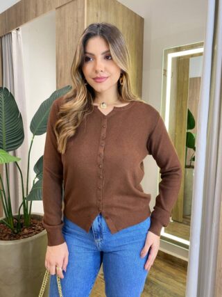 Cardigan Anne Manga Longa Modal com Botões Marrom - Fernanda Ramos Store
