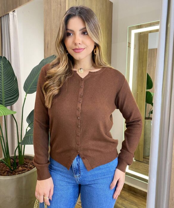 Cardigan Anne Manga Longa Modal com Botões Marrom - Fernanda Ramos Store