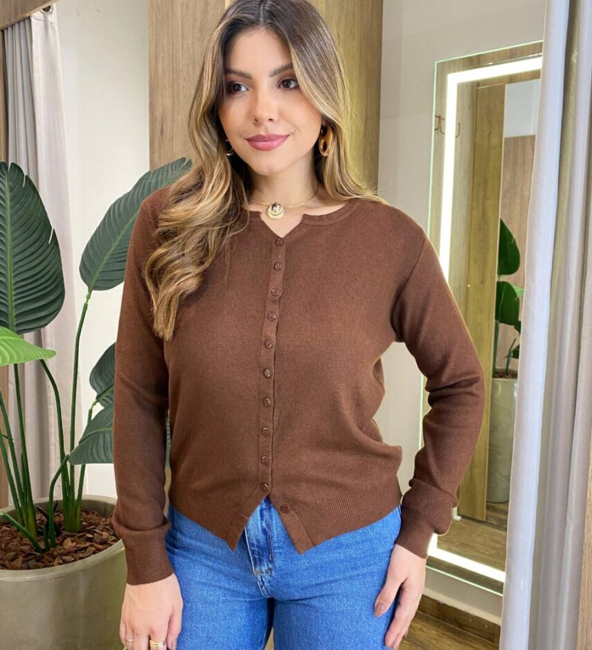 Cardigan Anne Manga Longa Modal com Botões Marrom - Fernanda Ramos Store