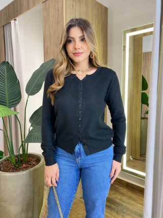 Cardigan Anne Manga Longa Modal com Botões Preto - Fernanda Ramos Store