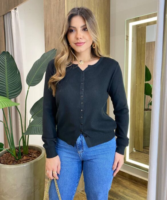 Cardigan Anne Manga Longa Modal com Botões Preto - Fernanda Ramos Store