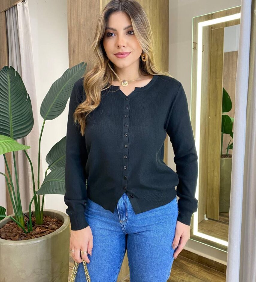 Cardigan Anne Manga Longa Modal com Botões Preto - Fernanda Ramos Store