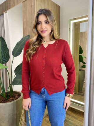 Cardigan Anne Manga Longa Modal com Botões Vermelha - Fernanda Ramos Store