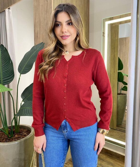 Cardigan Anne Manga Longa Modal com Botões Vermelha - Fernanda Ramos Store