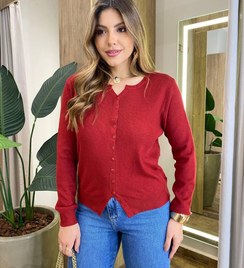 Cardigan Anne Manga Longa Modal com Botões Vermelha - Fernanda Ramos Store
