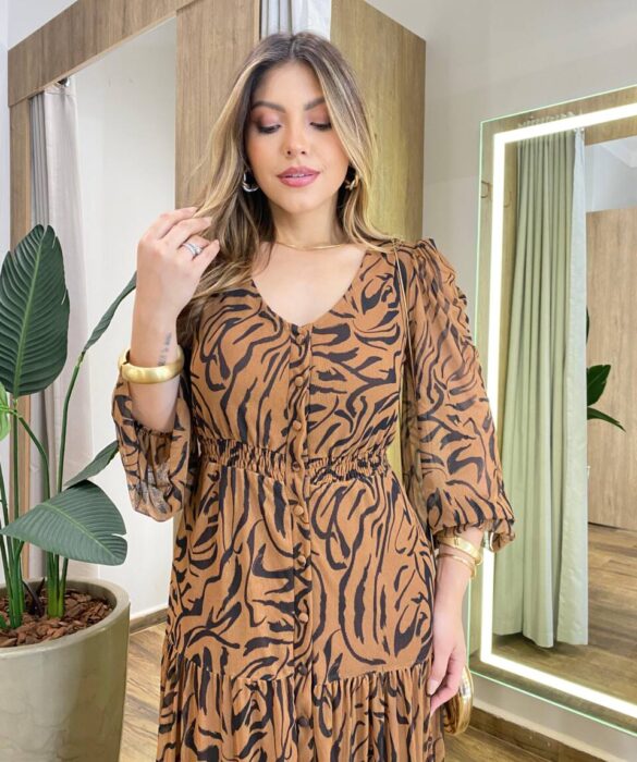 Chemise Feminino Tule Longo Manga Longa Zebra Marrom - Fernanda Ramos Store