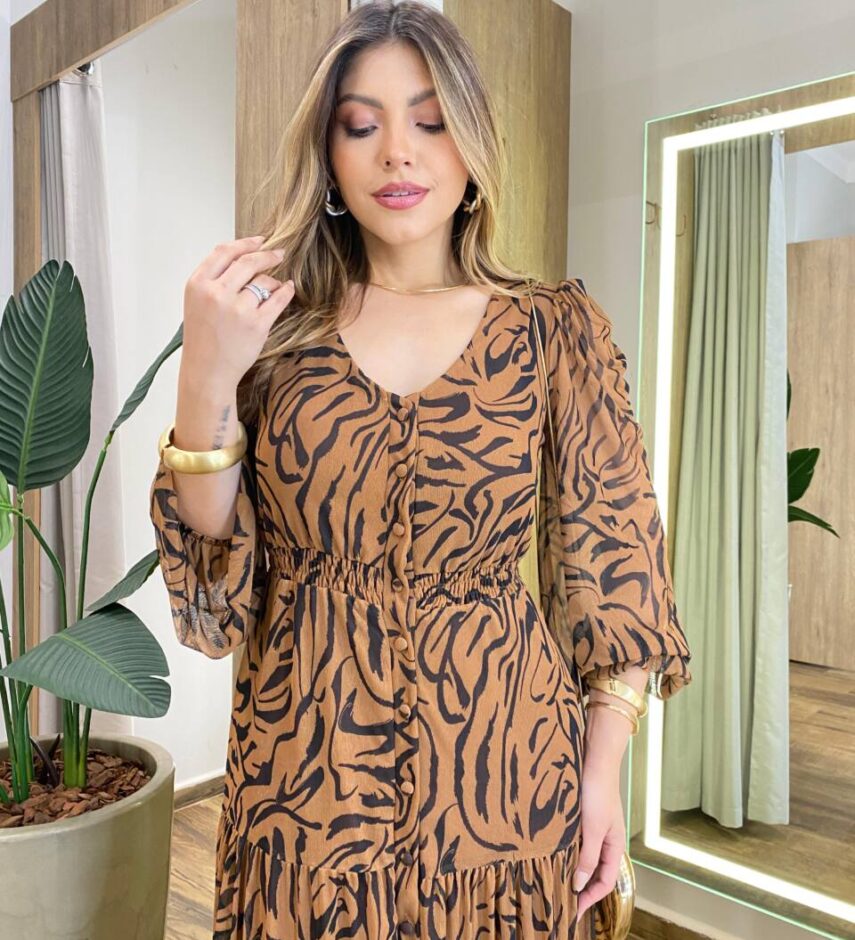 Chemise Feminino Tule Longo Manga Longa Zebra Marrom - Fernanda Ramos Store