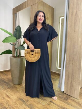 Chemise Longo sem Bojo Plus Viscolinho Manga Curta Ampla Preto - Fernanda Ramos Store