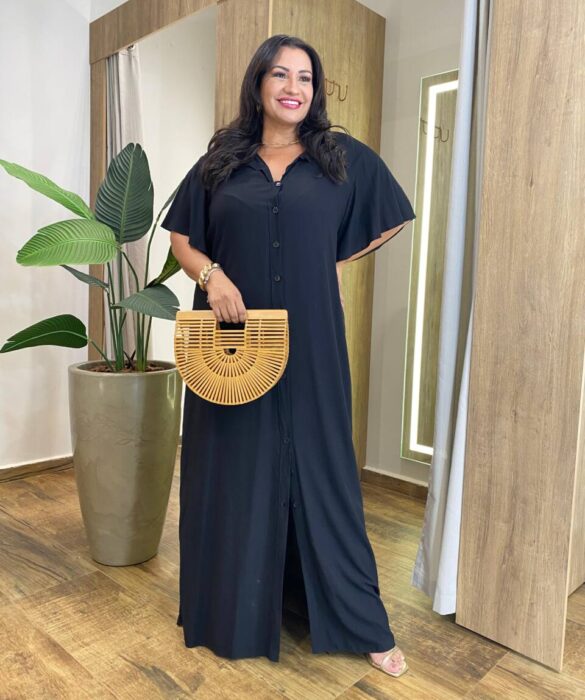 Chemise Longo sem Bojo Plus Viscolinho Manga Curta Ampla Preto - Fernanda Ramos Store