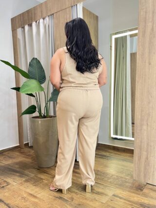 Conjunto Feminino Bela Plus Colete e Calça Risca de Giz Bege - Fernanda Ramos Store