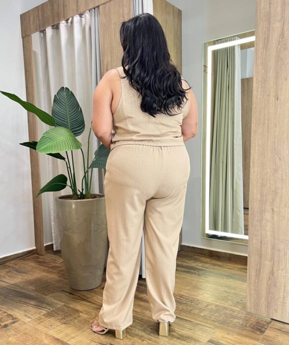Conjunto Feminino Bela Plus Colete e Calça Risca de Giz Bege - Fernanda Ramos Store