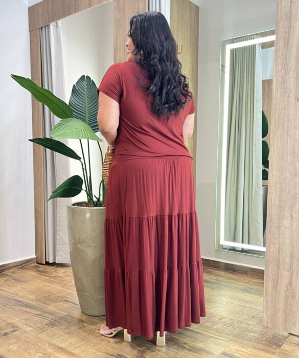 Conjunto Feminino Malha Plus Cropped sem Bojo e Saia Longa TerraCota - Fernanda Ramos Store