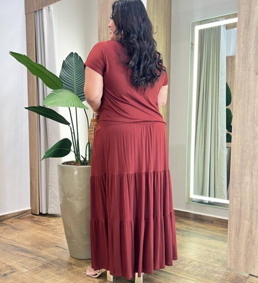Conjunto Feminino Malha Plus Cropped sem Bojo e Saia Longa TerraCota - Fernanda Ramos Store
